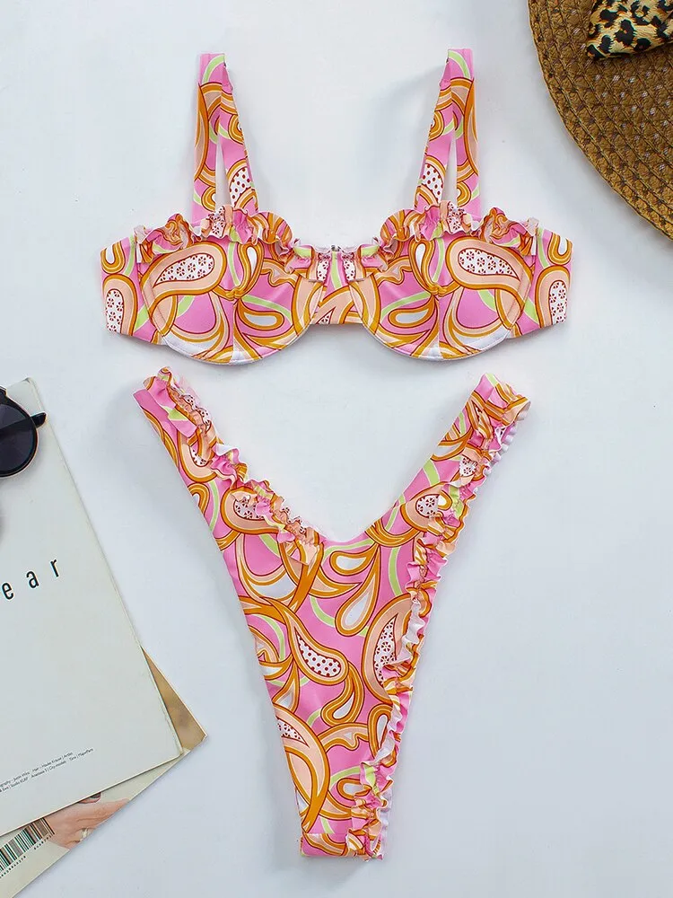 2022 New Sexy Ruffle Frill Bikini Underwire Push Up Swimwear Women Swimsuit Female Brazilian Bikini Set Bather Bathing Suit Swim