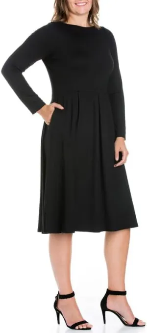 24seven Comfort Apparel Women's Plus Size Fit and Flare Midi Dress (Black, 3X)