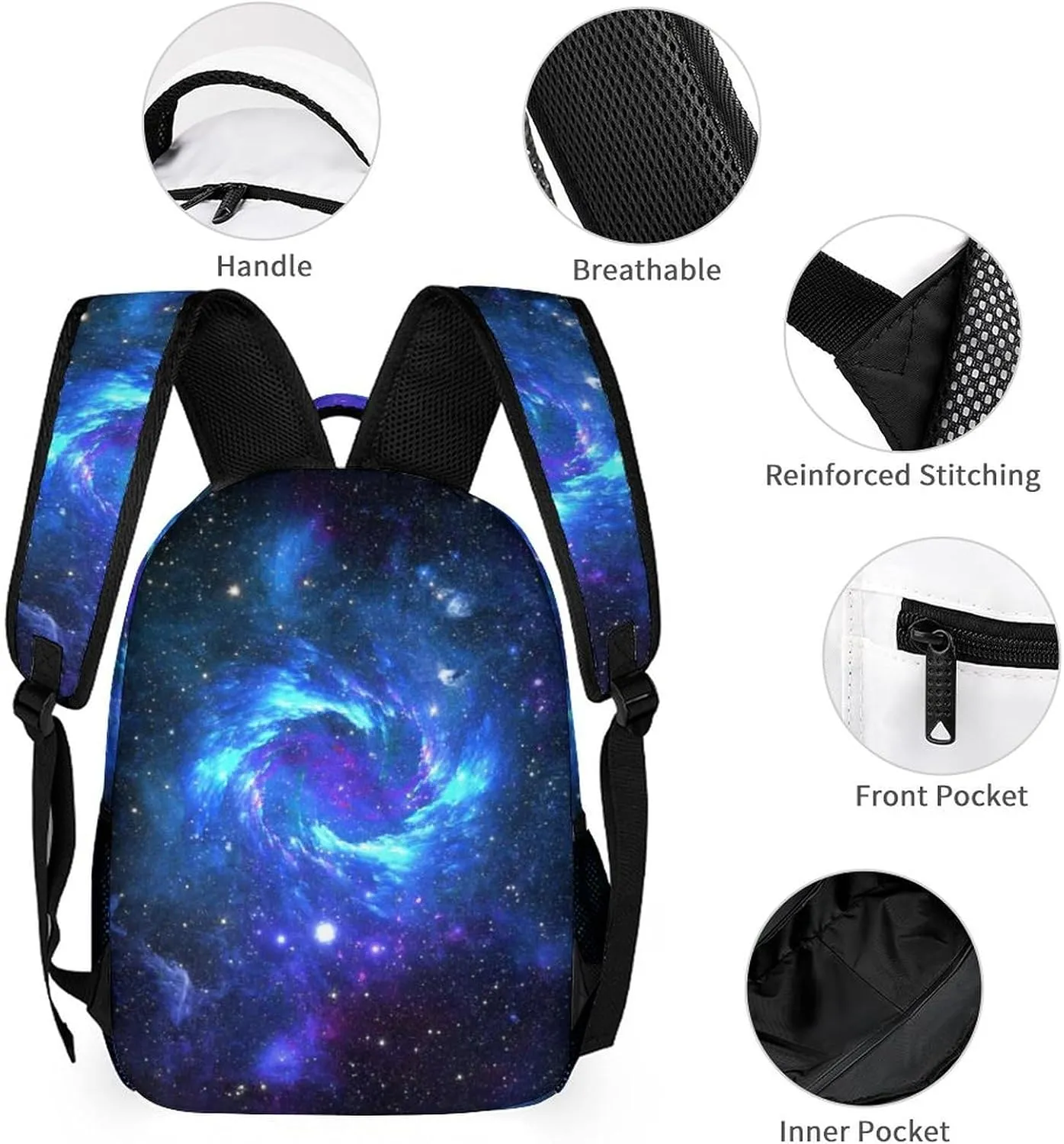 3 Pcs Blue Galaxy Backpack Set for Men WomenKawaii Laptop Bag Adjustable Daypack for Work,Large Capacity Lightweight Double Shoulder Backpack with Lunch Bag & Pencil Case