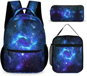 3 Pcs Blue Galaxy Backpack Set for Men WomenKawaii Laptop Bag Adjustable Daypack for Work,Large Capacity Lightweight Double Shoulder Backpack with Lunch Bag & Pencil Case