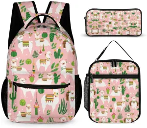 3 Pcs Cactus Alpaca Backpack Set for Men WomenKawaii Laptop Bag Adjustable Daypack for Work,Large Capacity Lightweight Double Shoulder Backpack with Lunch Bag & Pencil Case