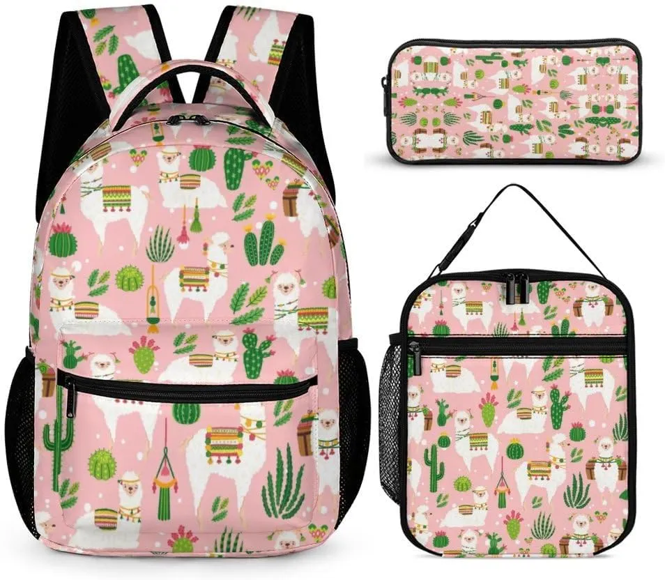 3 Pcs Cactus Alpaca Backpack Set for Men WomenKawaii Laptop Bag Adjustable Daypack for Work,Large Capacity Lightweight Double Shoulder Backpack with Lunch Bag & Pencil Case
