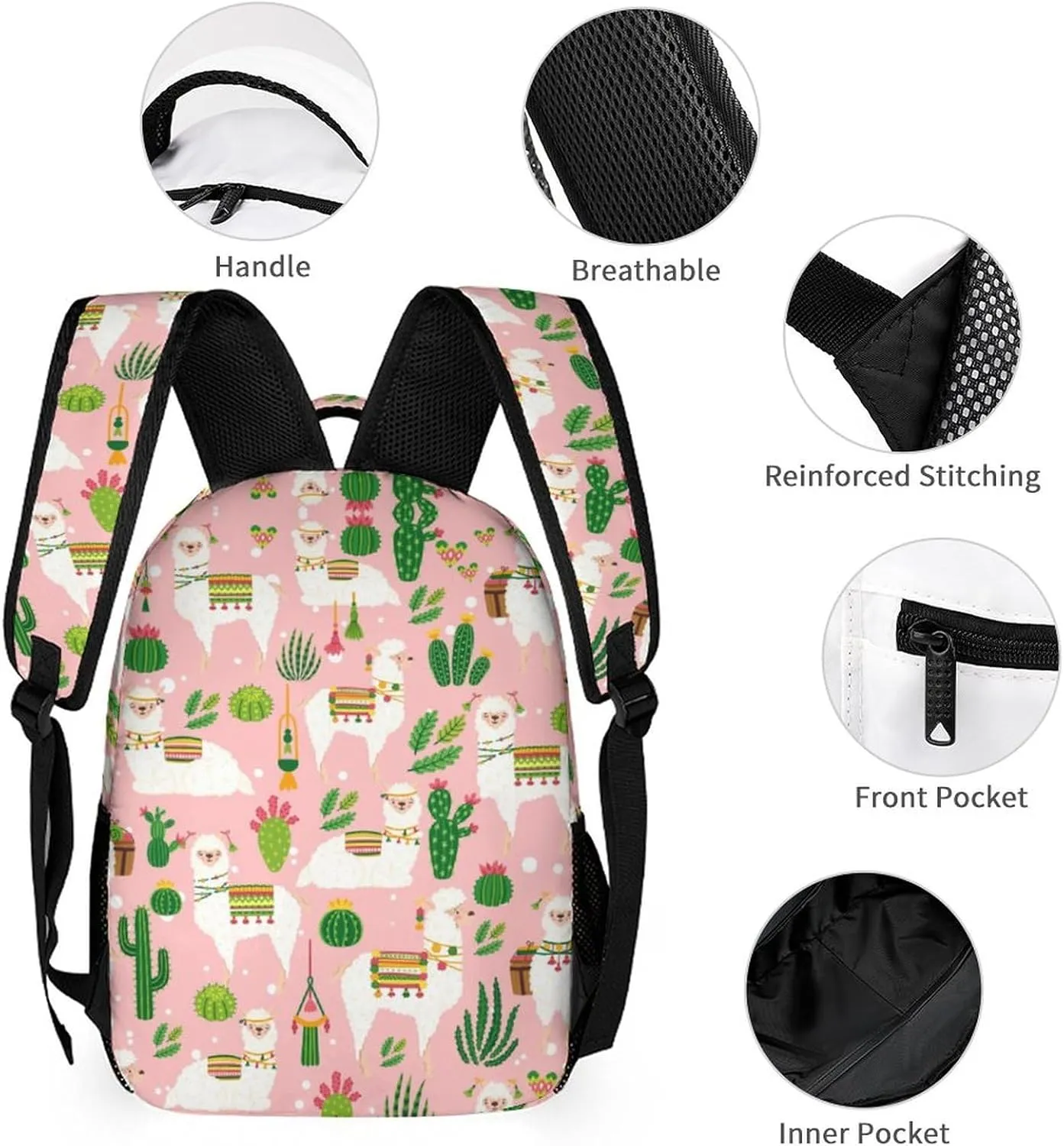 3 Pcs Cactus Alpaca Backpack Set for Men WomenKawaii Laptop Bag Adjustable Daypack for Work,Large Capacity Lightweight Double Shoulder Backpack with Lunch Bag & Pencil Case