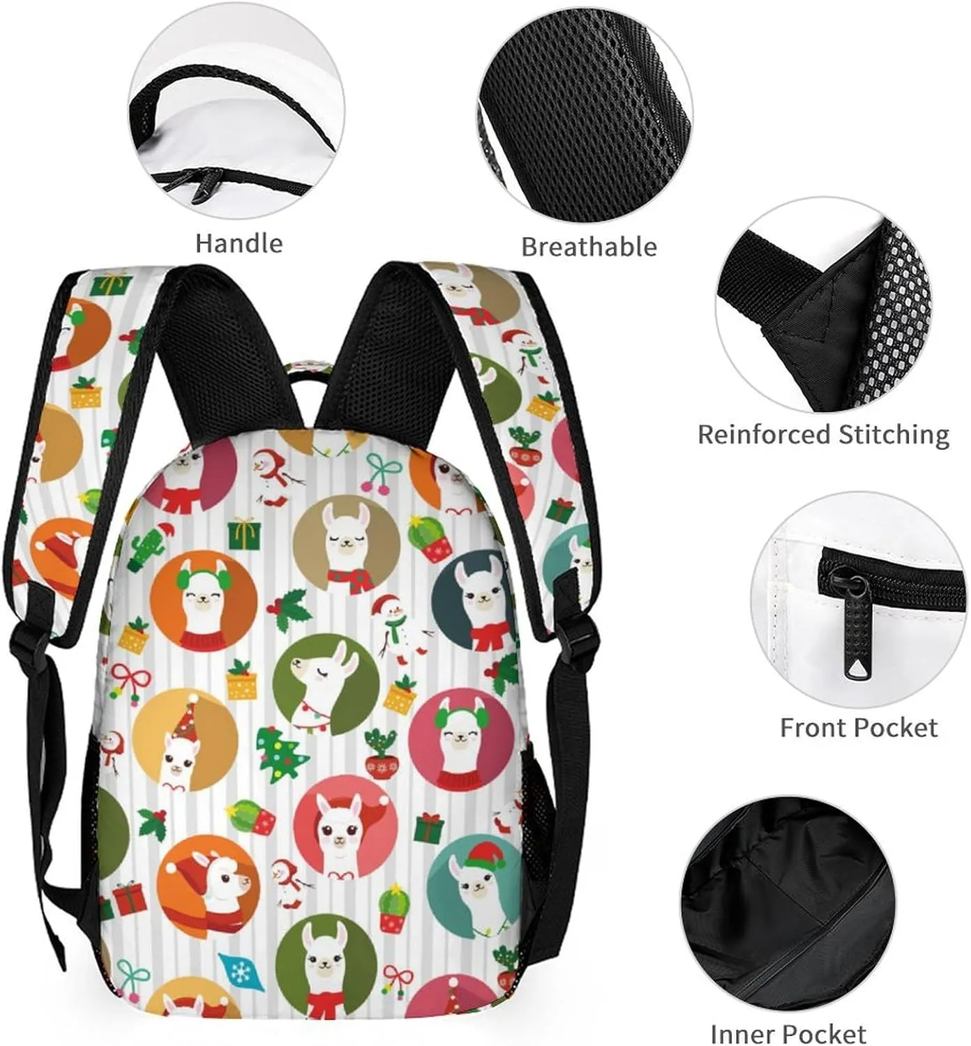 3 Pcs Christmas Alpaca Backpack Set for Men WomenKawaii Laptop Bag Adjustable Daypack for Work,Large Capacity Lightweight Double Shoulder Backpack with Lunch Bag & Pencil Case