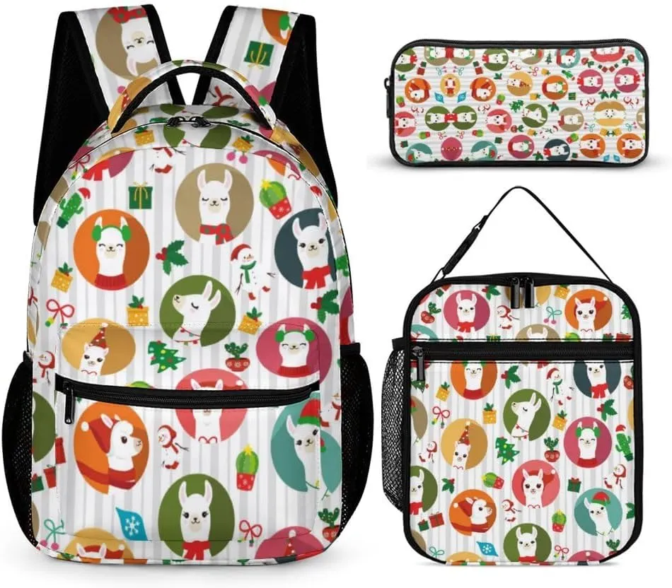 3 Pcs Christmas Alpaca Backpack Set for Men WomenKawaii Laptop Bag Adjustable Daypack for Work,Large Capacity Lightweight Double Shoulder Backpack with Lunch Bag & Pencil Case