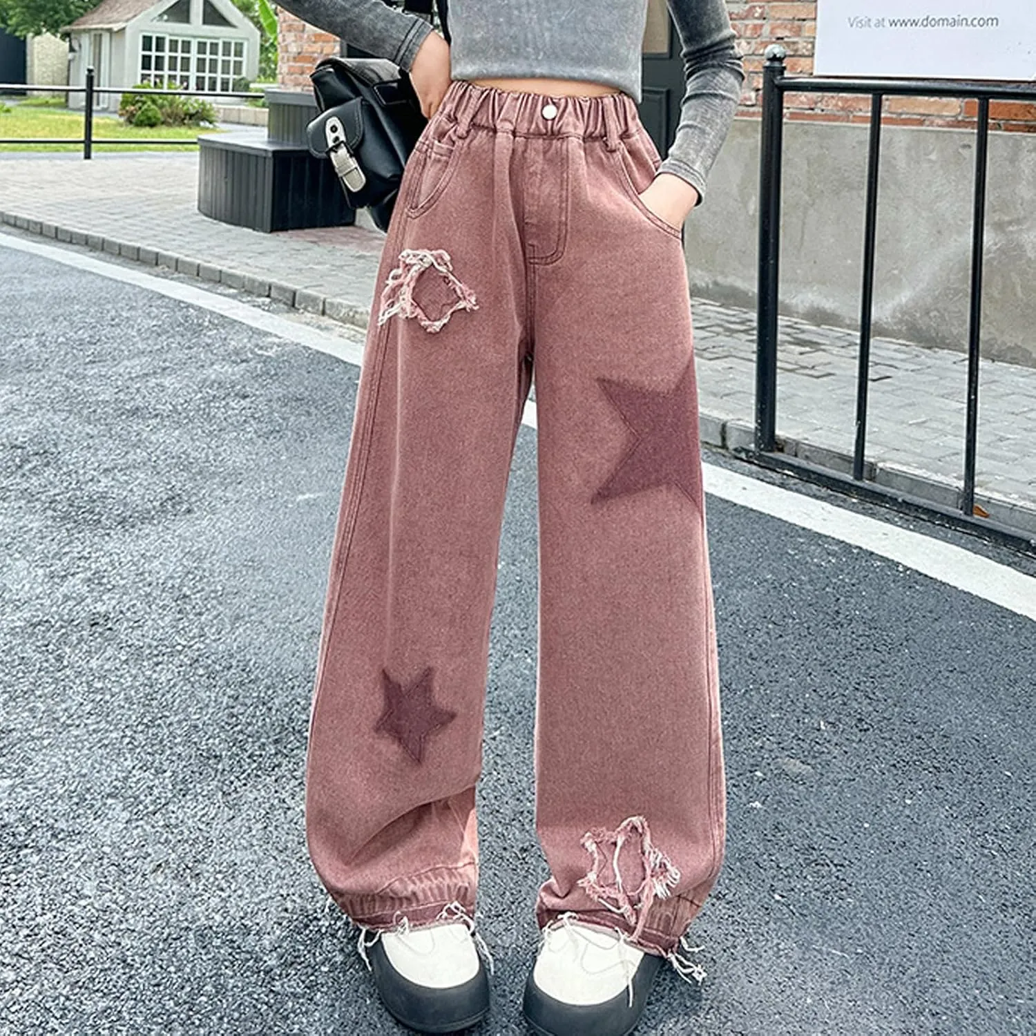 5-14 yrs Kids Girls Jeans Distressed Elastic Waist Baggy Denim Wide Leg Pants Trousers