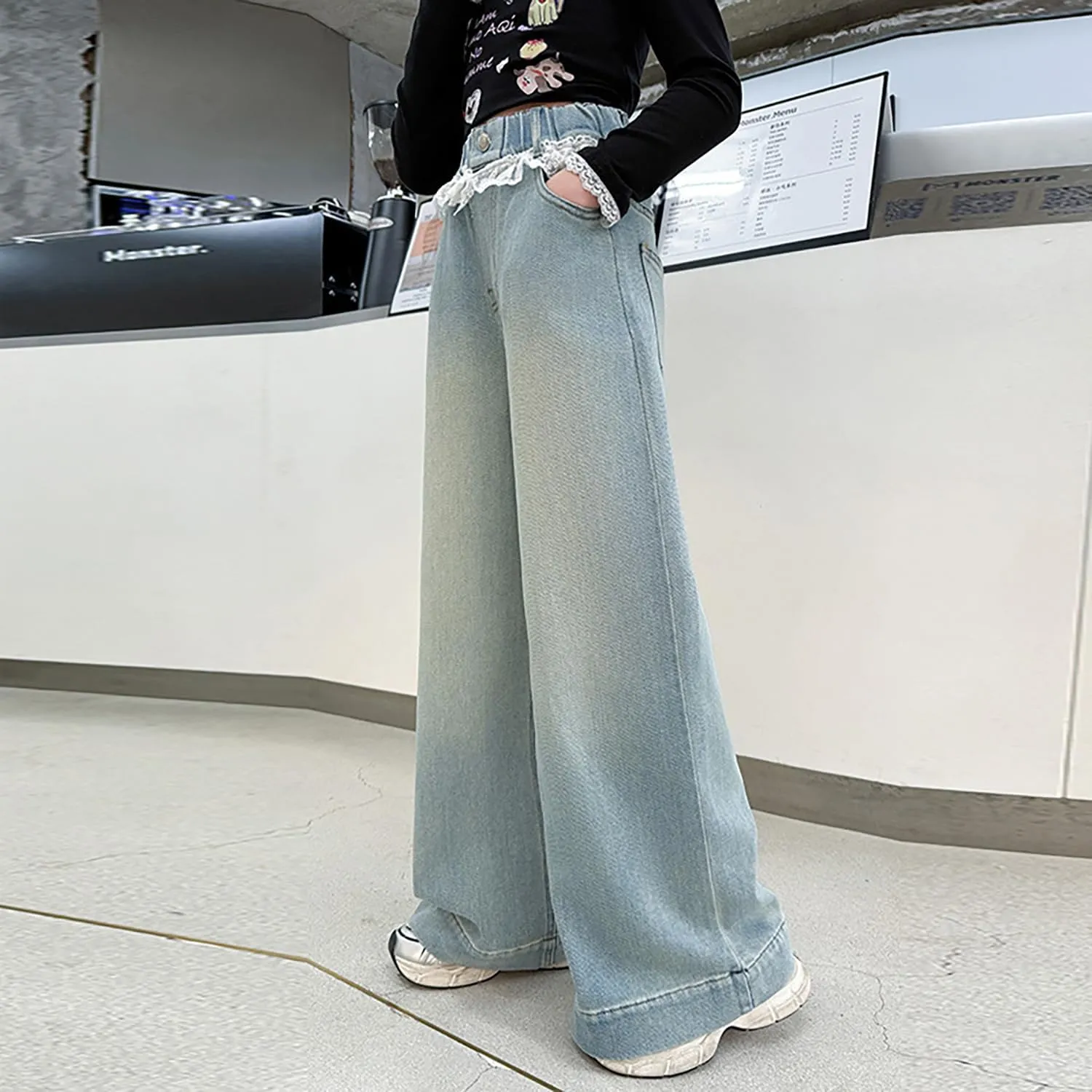 5-14 yrs Kids Girls Jeans Distressed Elastic Waist Baggy Denim Wide Leg Pants Trousers
