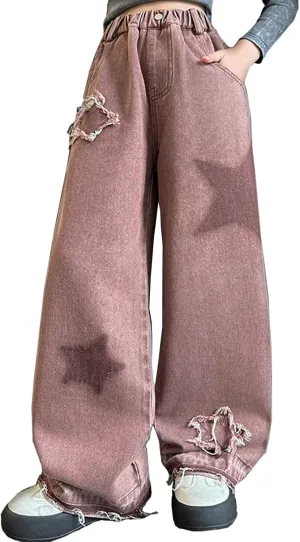 5-14 yrs Kids Girls Jeans Distressed Elastic Waist Baggy Denim Wide Leg Pants Trousers