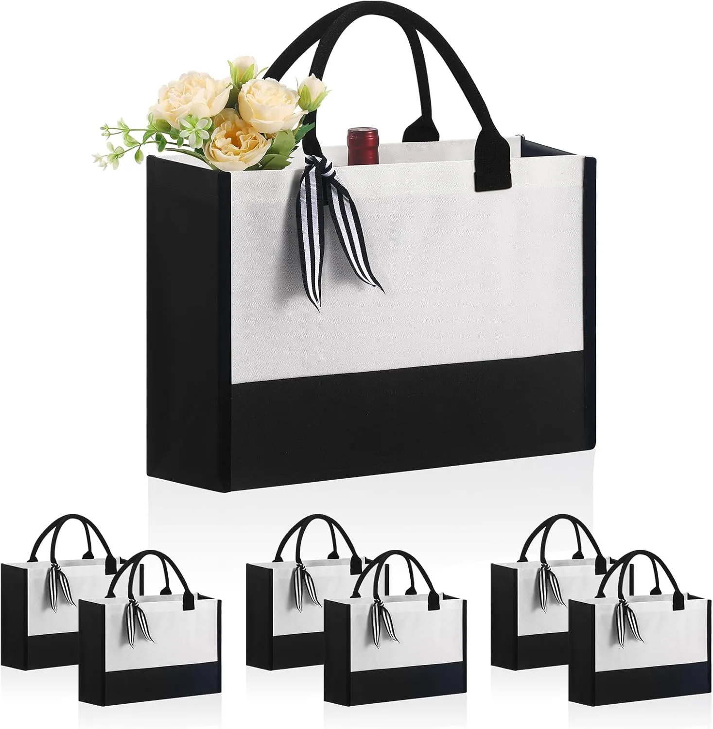 6 PCS Personalized Classic Canvas Tote Bag(Black and White), Inside Zipper Pocket Grocery Tote DIY Gift for Wedding, Birthday, Beach, Perfect Gifts for Women, Mom, Teachers, Friends