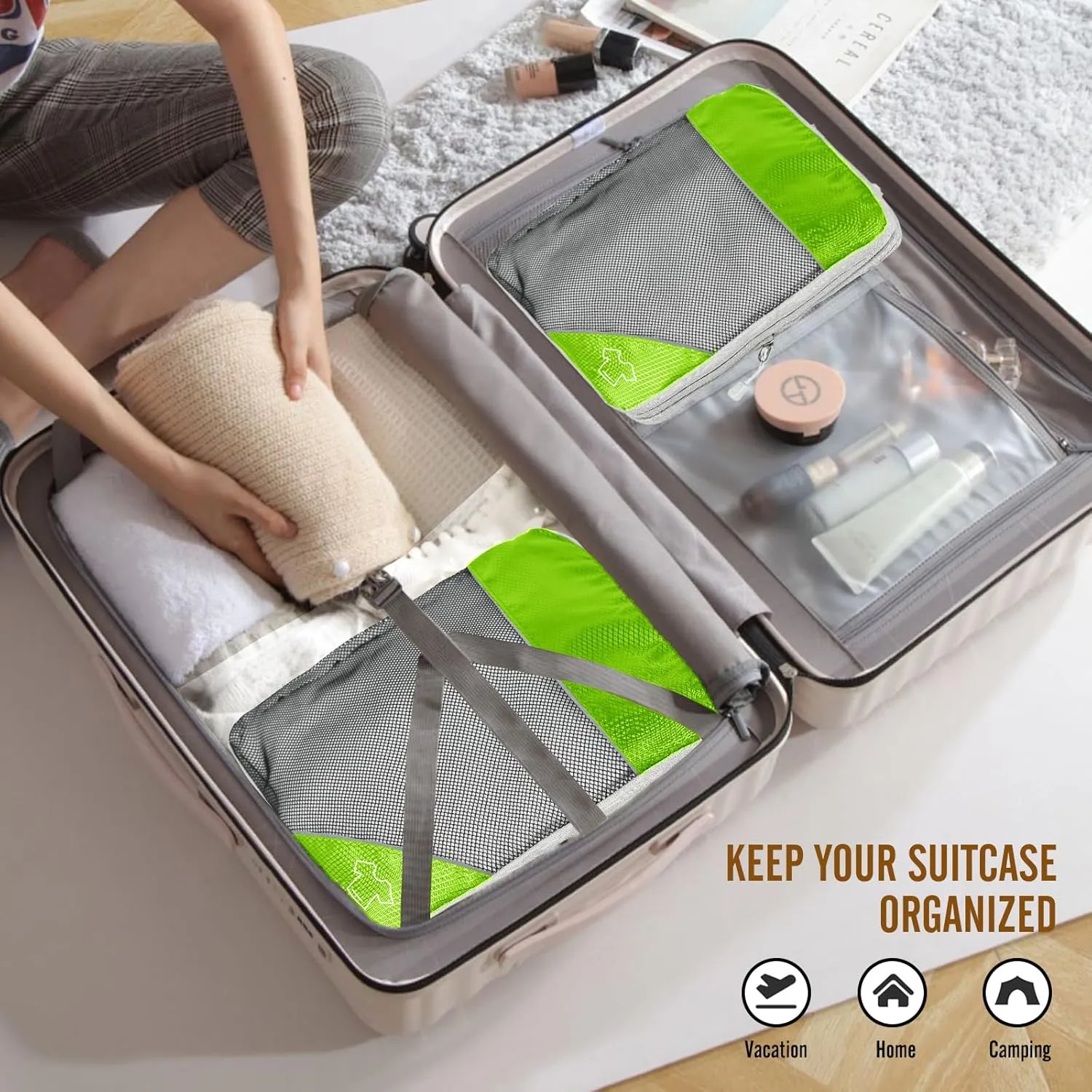 8 Set Compression Packing Cubes for Travel, Expandable Luggage Organizer with Shoe Bag & Laundry Bag - Lightweight Suitcase & Backpack Travel Essentials (Green)