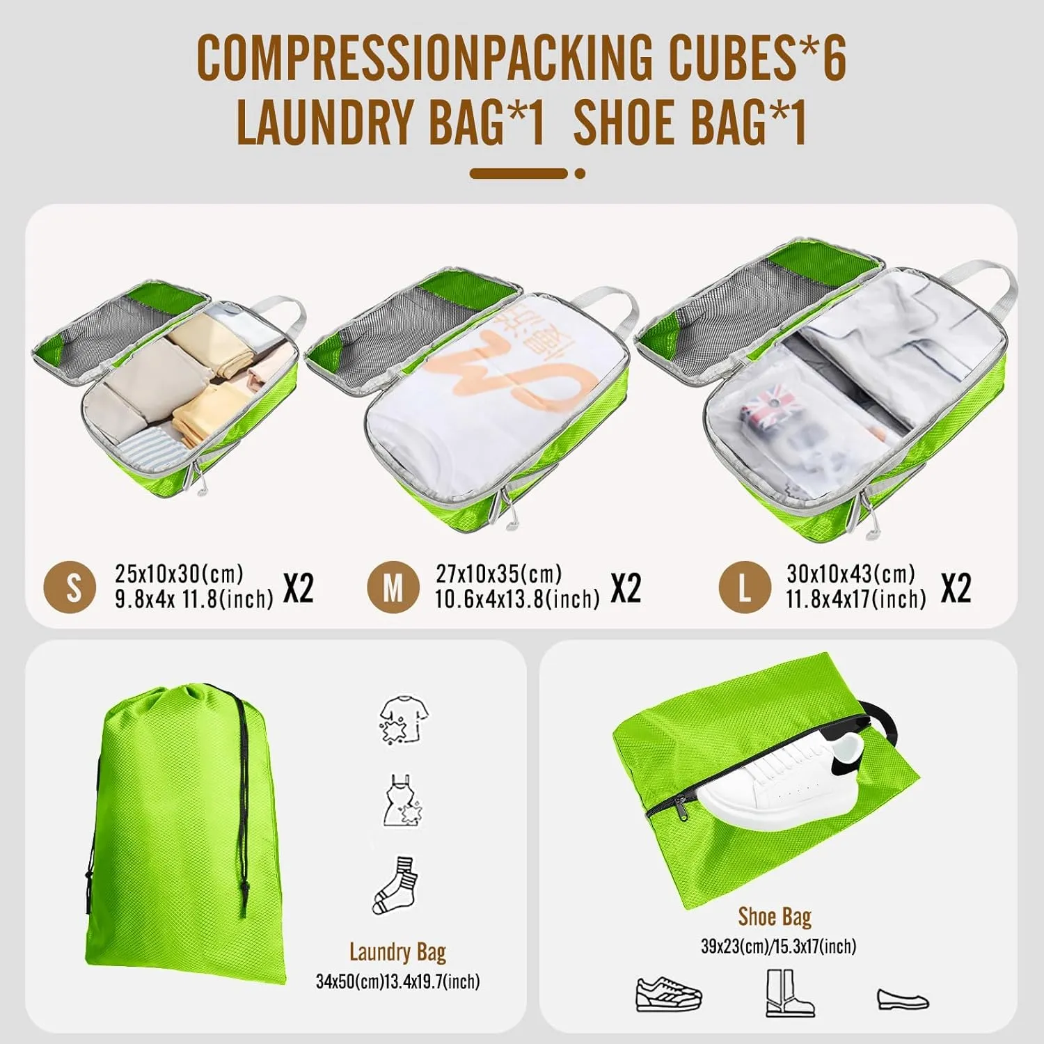 8 Set Compression Packing Cubes for Travel, Expandable Luggage Organizer with Shoe Bag & Laundry Bag - Lightweight Suitcase & Backpack Travel Essentials (Green)