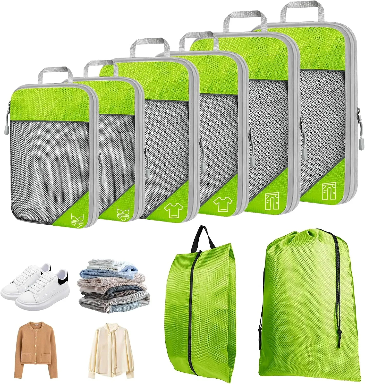 8 Set Compression Packing Cubes for Travel, Expandable Luggage Organizer with Shoe Bag & Laundry Bag - Lightweight Suitcase & Backpack Travel Essentials (Green)