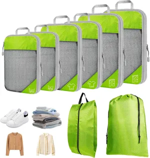 8 Set Compression Packing Cubes for Travel, Expandable Luggage Organizer with Shoe Bag & Laundry Bag - Lightweight Suitcase & Backpack Travel Essentials (Green)
