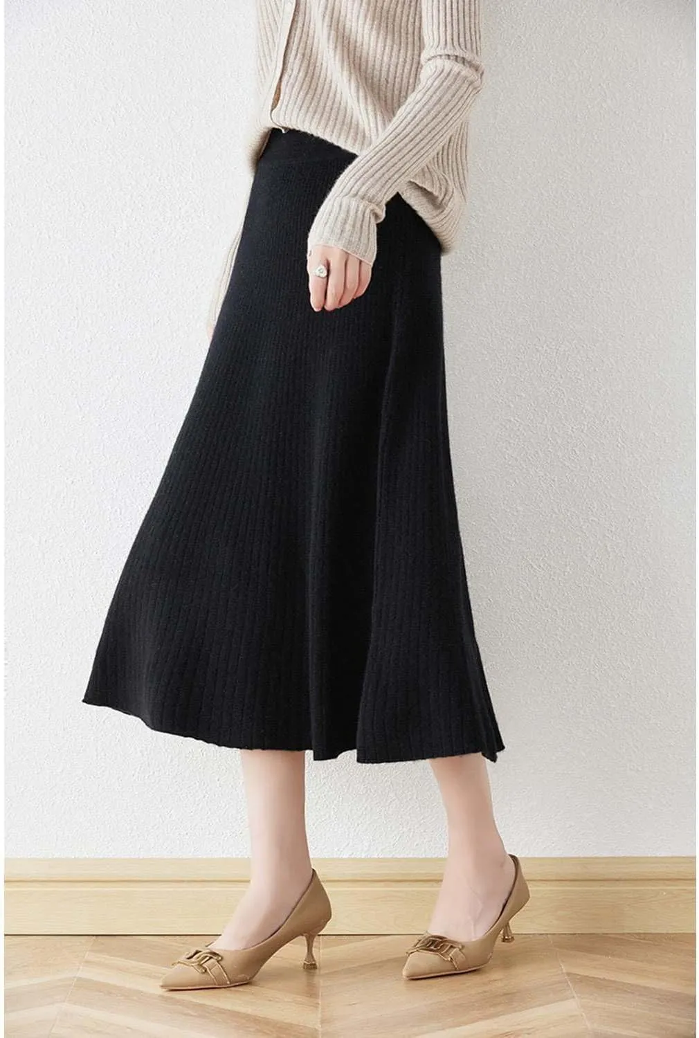 A-line Skirt Women Fall Winter 100% Merino Wool Knit Long Skirt Ribbed Elastic Waist Casual Warm Loose Skirt