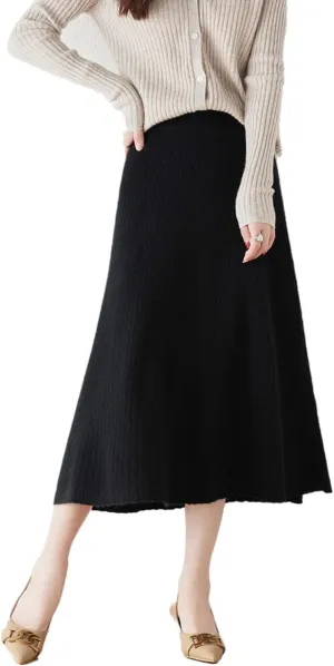 A-line Skirt Women Fall Winter 100% Merino Wool Knit Long Skirt Ribbed Elastic Waist Casual Warm Loose Skirt