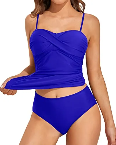Adjustable Strapless Bandeau Tankini Swimsuits For Women-Royal Blue