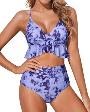 Adjustable Straps Flattering Bikini Swimsuits Deep V Neck-Blue Tie Dye