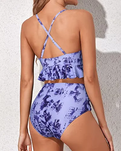 Adjustable Straps Flattering Bikini Swimsuits Deep V Neck-Blue Tie Dye