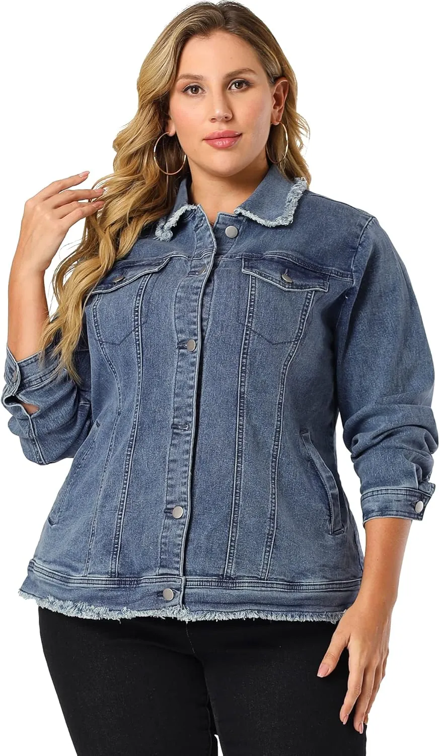 Agnes Orinda Plus Size Denim Jackets for Women Frayed Hem Classic Washed Jean Jacket