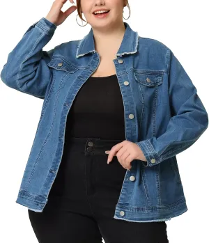 Agnes Orinda Plus Size Denim Jackets for Women Frayed Hem Classic Washed Jean Jacket