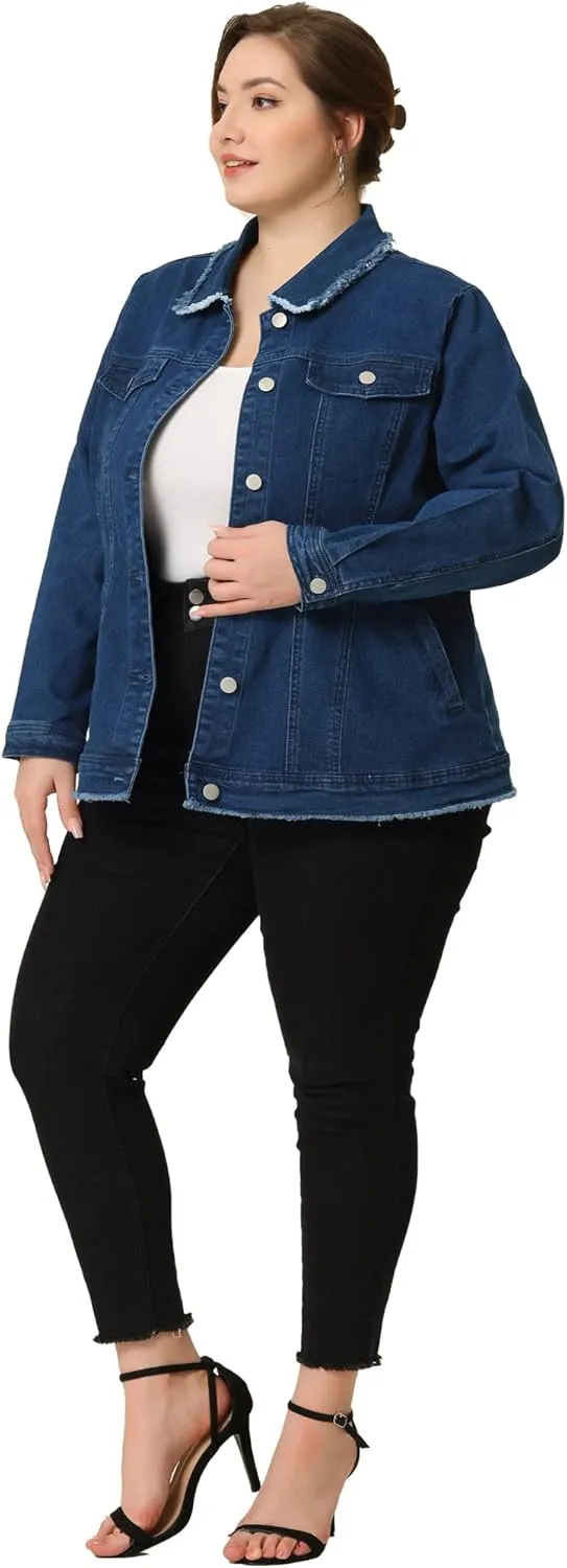 Agnes Orinda Plus Size Denim Jackets for Women Frayed Hem Classic Washed Jean Jacket