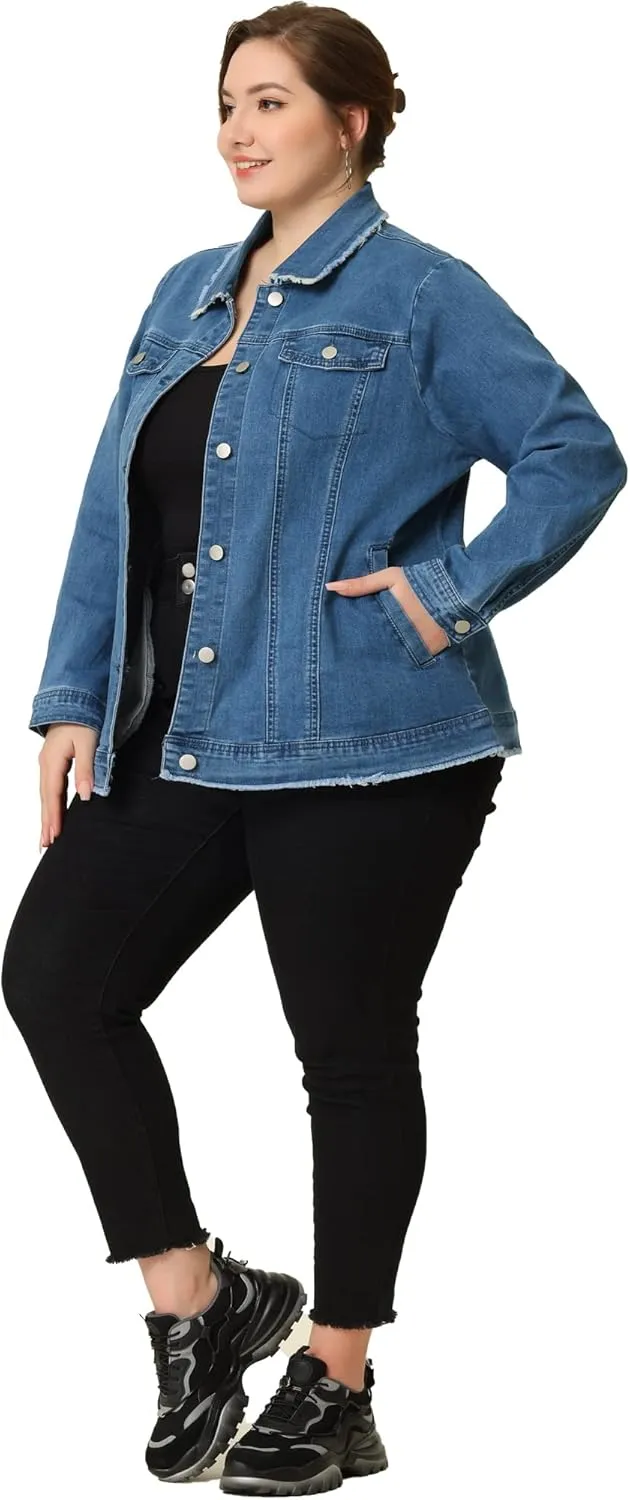 Agnes Orinda Plus Size Denim Jackets for Women Frayed Hem Classic Washed Jean Jacket