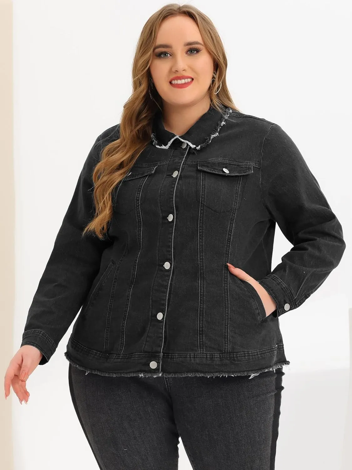 Agnes Orinda Plus Size Denim Jackets for Women Frayed Hem Classic Washed Jean Jacket