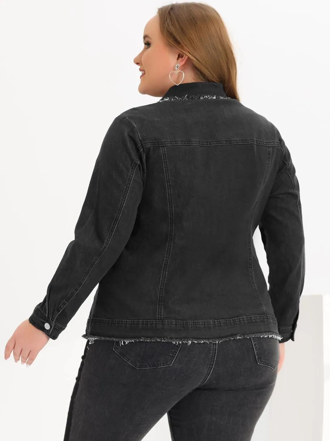 Agnes Orinda Plus Size Denim Jackets for Women Frayed Hem Classic Washed Jean Jacket