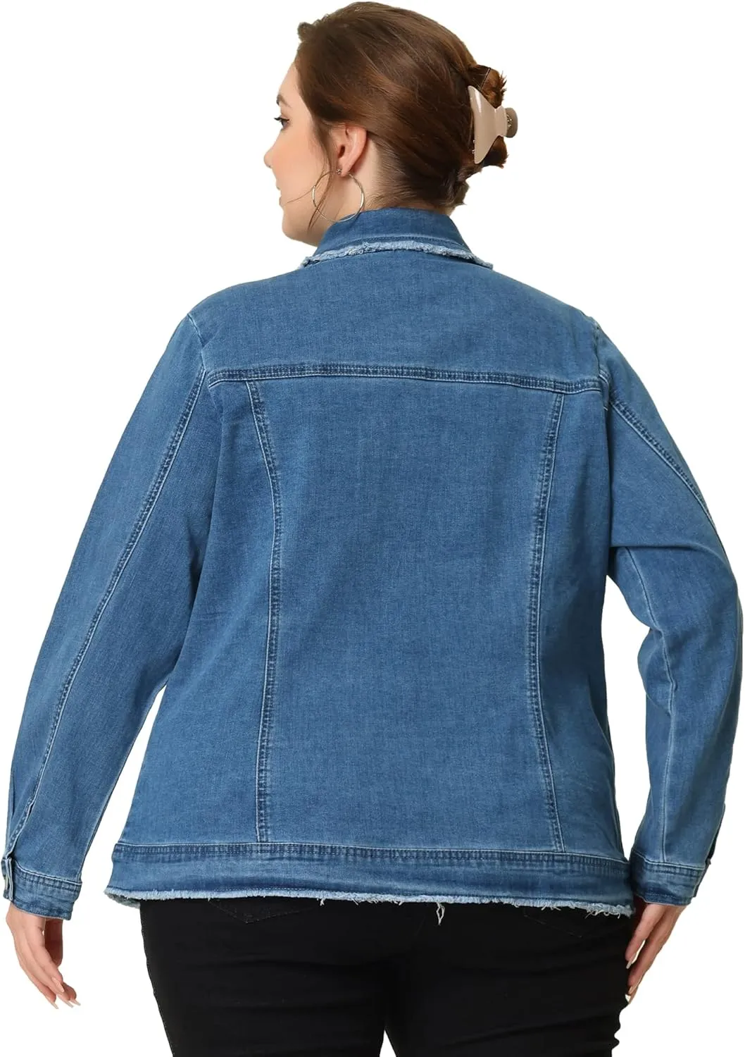 Agnes Orinda Plus Size Denim Jackets for Women Frayed Hem Classic Washed Jean Jacket