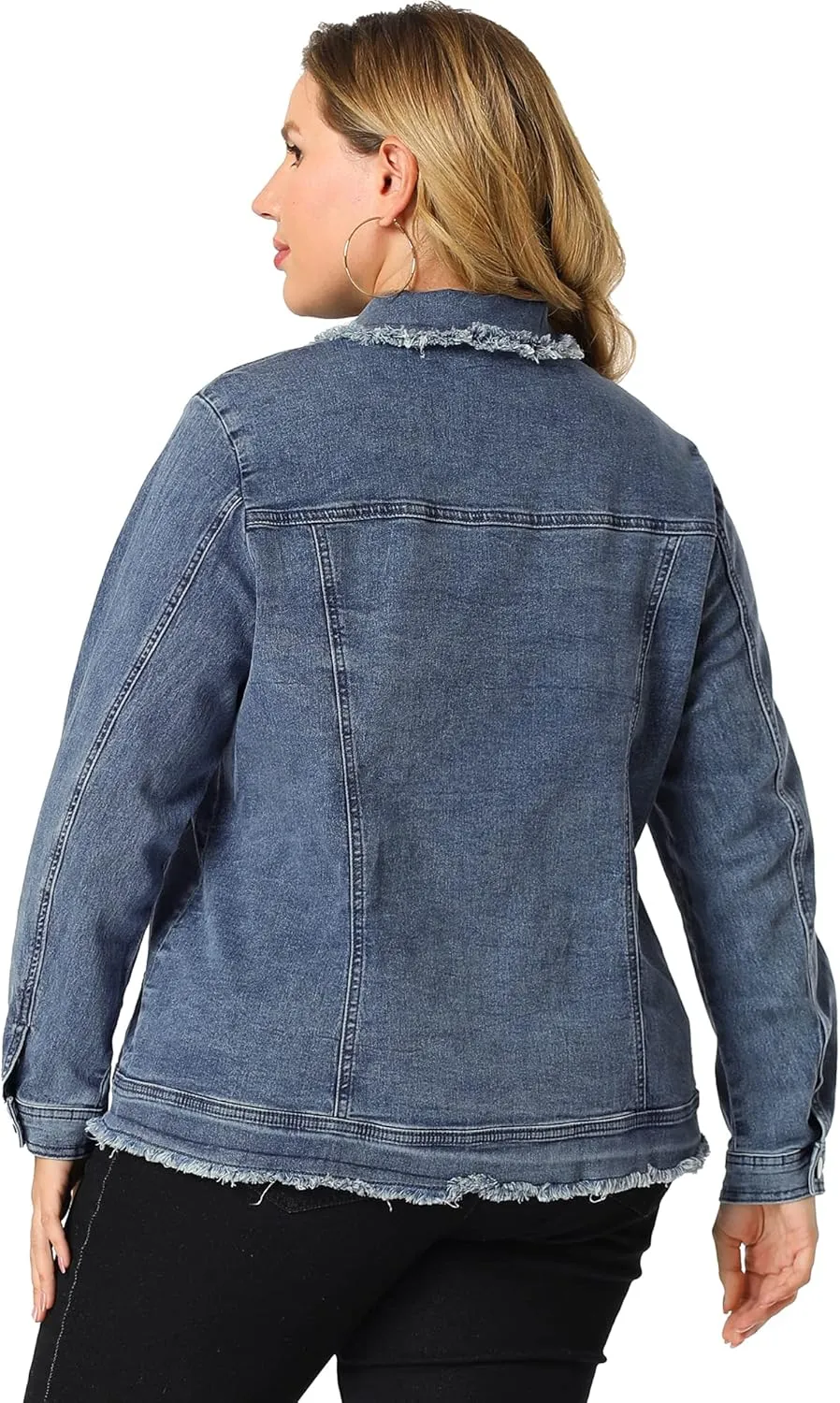Agnes Orinda Plus Size Denim Jackets for Women Frayed Hem Classic Washed Jean Jacket