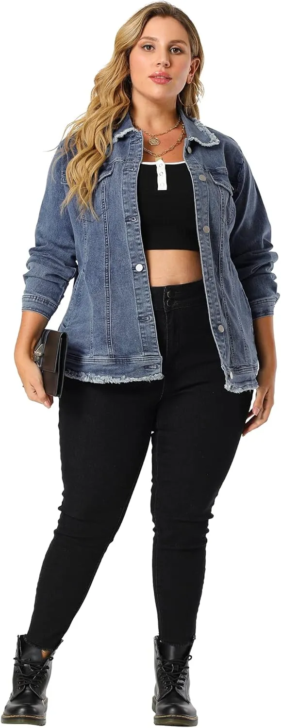 Agnes Orinda Plus Size Denim Jackets for Women Frayed Hem Classic Washed Jean Jacket