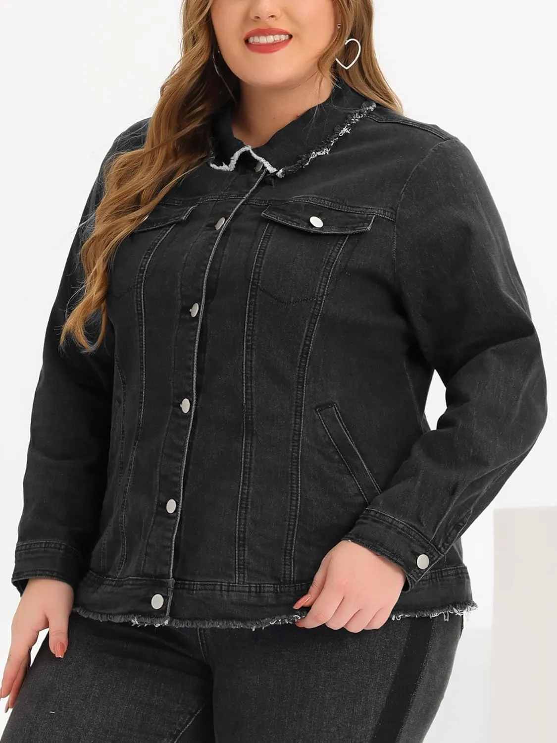 Agnes Orinda Plus Size Denim Jackets for Women Frayed Hem Classic Washed Jean Jacket