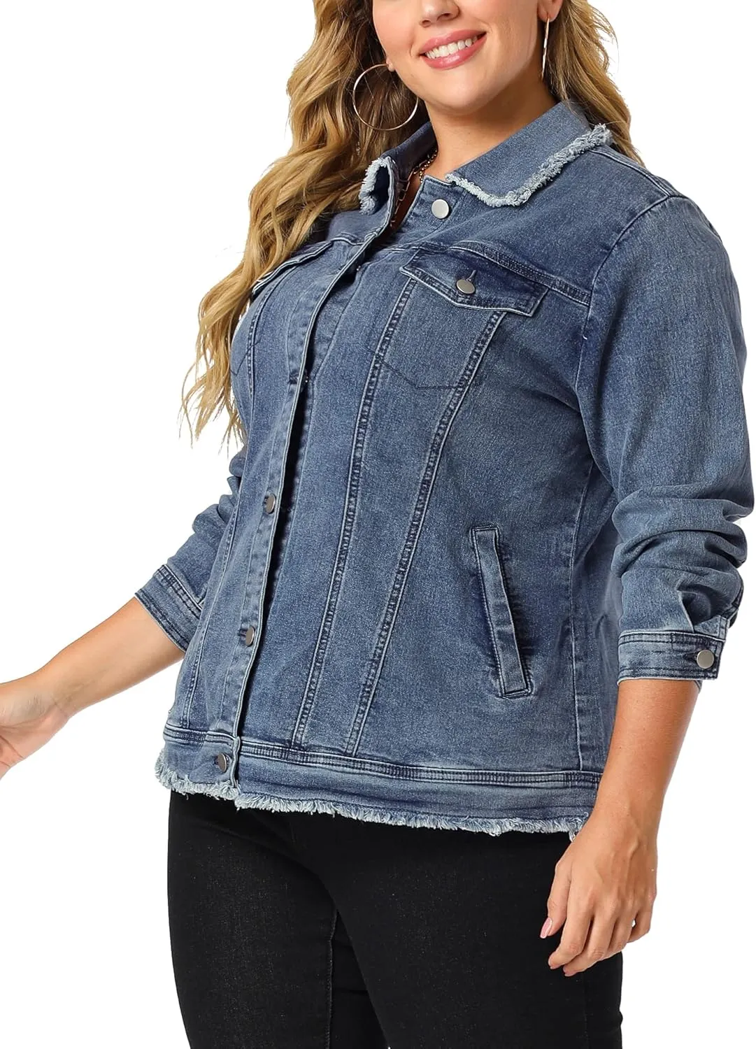 Agnes Orinda Plus Size Denim Jackets for Women Frayed Hem Classic Washed Jean Jacket