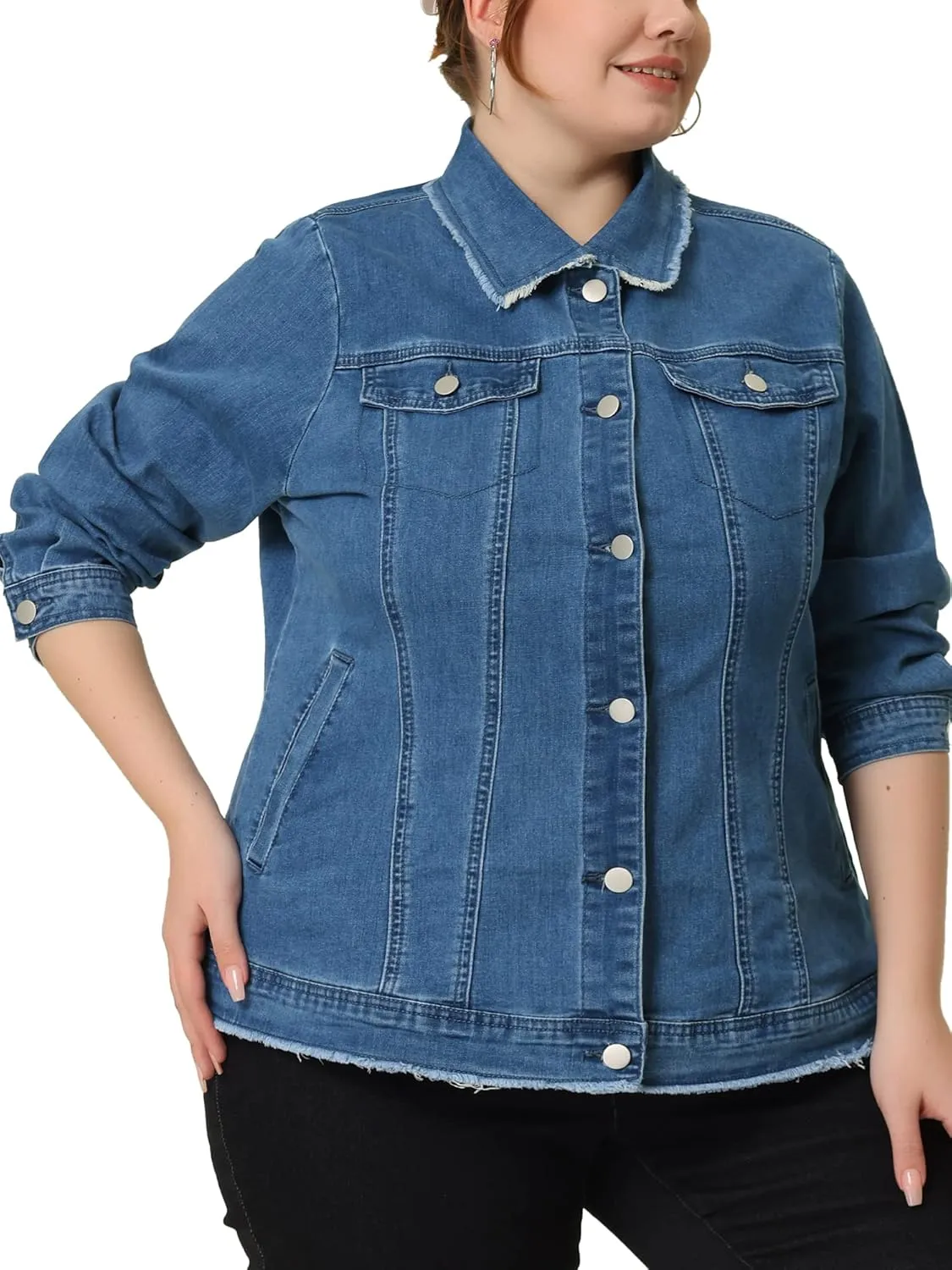 Agnes Orinda Plus Size Denim Jackets for Women Frayed Hem Classic Washed Jean Jacket