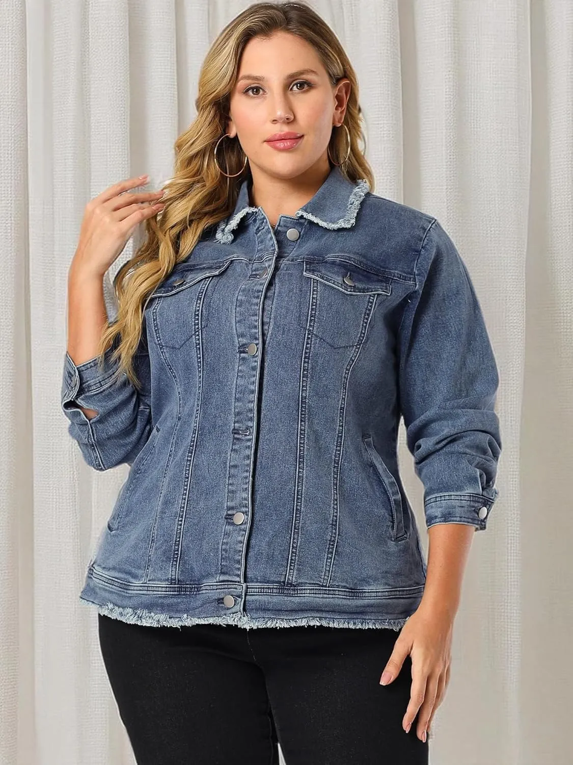 Agnes Orinda Plus Size Denim Jackets for Women Frayed Hem Classic Washed Jean Jacket