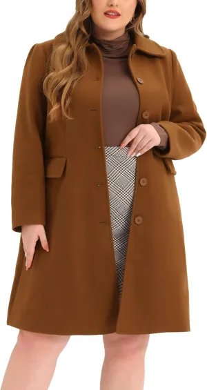 Agnes Orinda Plus Size Women Long Coats Peter Pan Collar Single Breasted with Pockets Trench Winter Long Peacoat