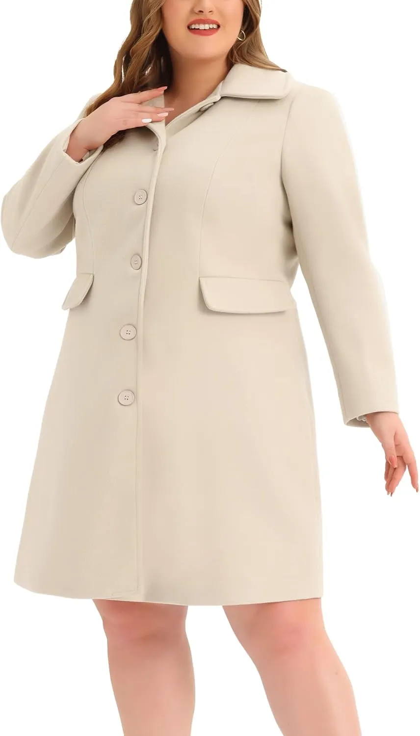 Agnes Orinda Plus Size Women Long Coats Peter Pan Collar Single Breasted with Pockets Trench Winter Long Peacoat