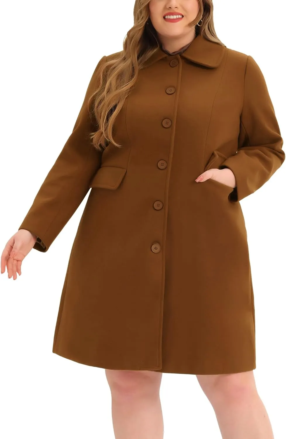 Agnes Orinda Plus Size Women Long Coats Peter Pan Collar Single Breasted with Pockets Trench Winter Long Peacoat