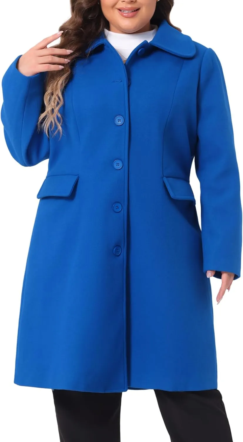 Agnes Orinda Plus Size Women Long Coats Peter Pan Collar Single Breasted with Pockets Trench Winter Long Peacoat