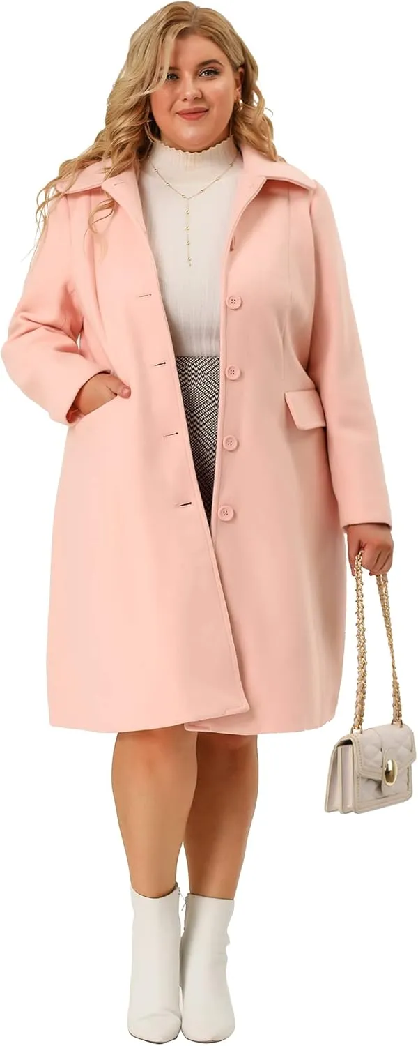 Agnes Orinda Plus Size Women Long Coats Peter Pan Collar Single Breasted with Pockets Trench Winter Long Peacoat