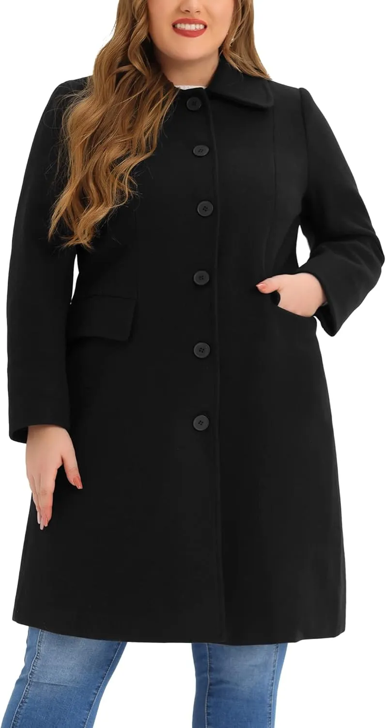 Agnes Orinda Plus Size Women Long Coats Peter Pan Collar Single Breasted with Pockets Trench Winter Long Peacoat