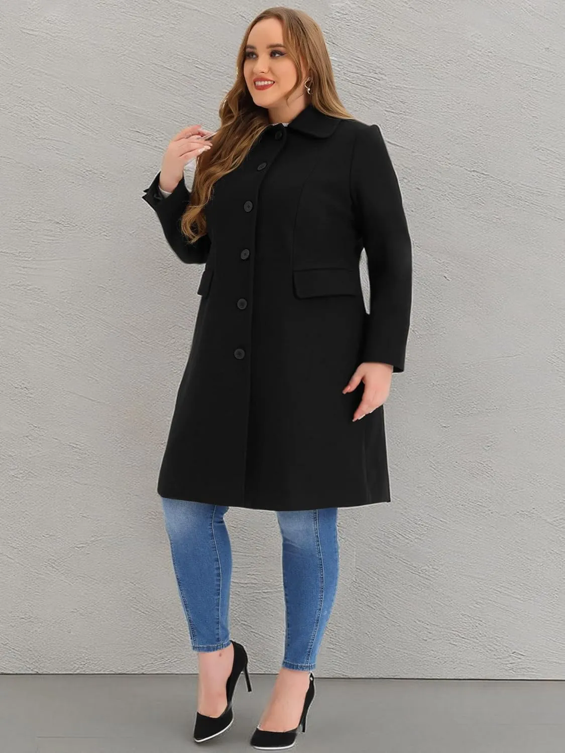 Agnes Orinda Plus Size Women Long Coats Peter Pan Collar Single Breasted with Pockets Trench Winter Long Peacoat