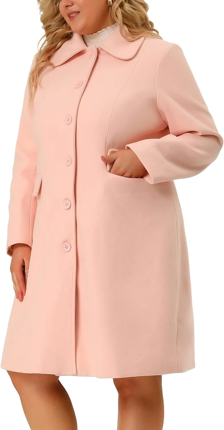 Agnes Orinda Plus Size Women Long Coats Peter Pan Collar Single Breasted with Pockets Trench Winter Long Peacoat