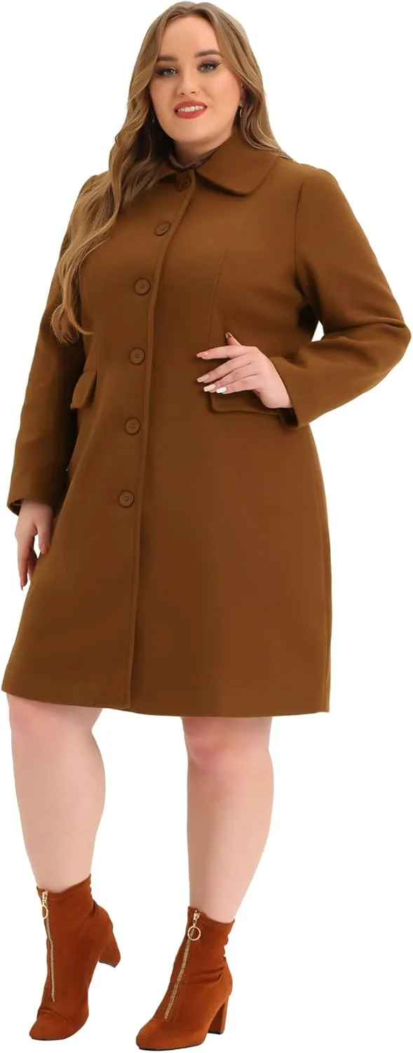 Agnes Orinda Plus Size Women Long Coats Peter Pan Collar Single Breasted with Pockets Trench Winter Long Peacoat