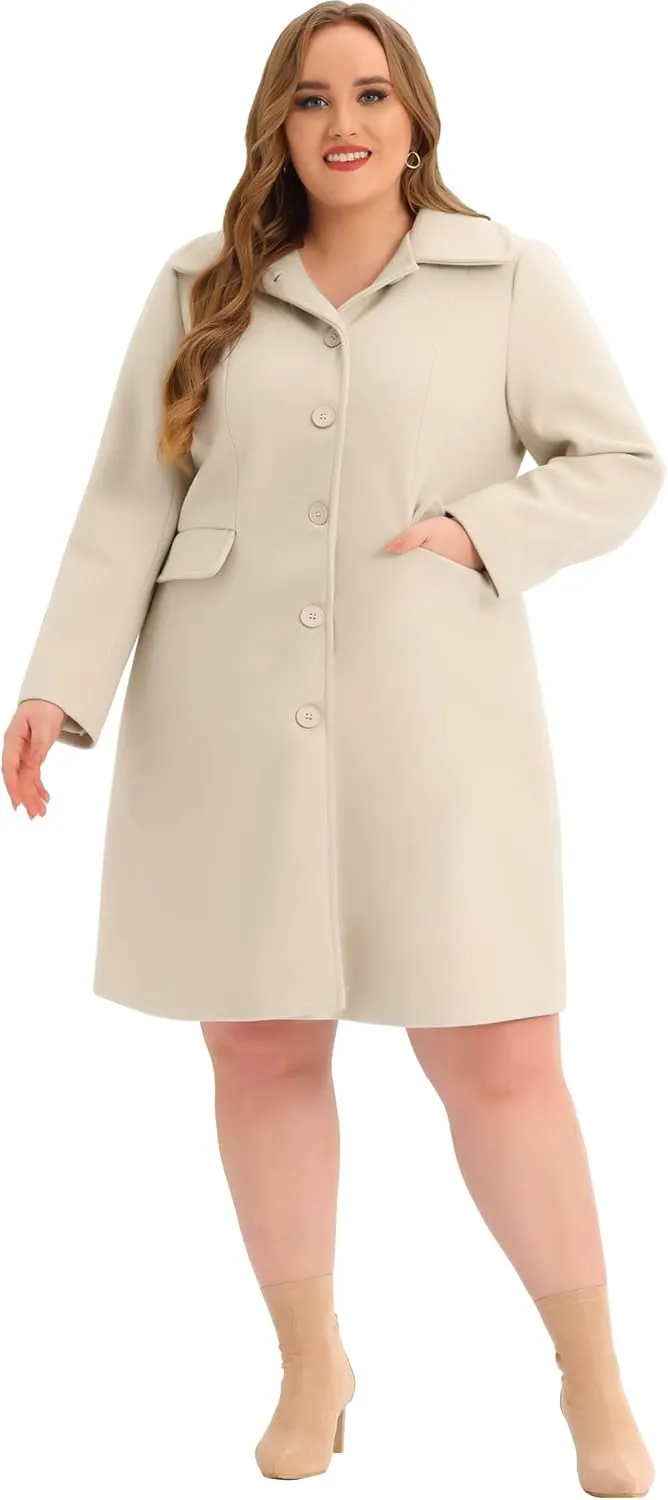 Agnes Orinda Plus Size Women Long Coats Peter Pan Collar Single Breasted with Pockets Trench Winter Long Peacoat