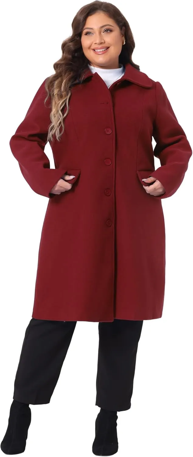 Agnes Orinda Plus Size Women Long Coats Peter Pan Collar Single Breasted with Pockets Trench Winter Long Peacoat