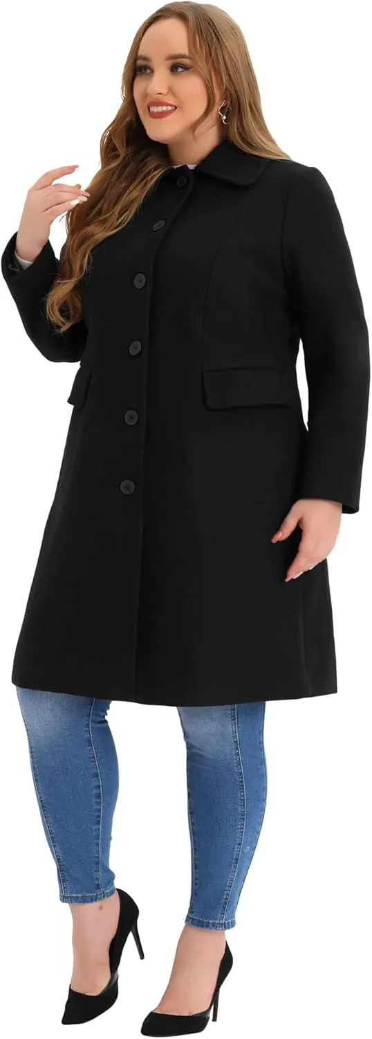 Agnes Orinda Plus Size Women Long Coats Peter Pan Collar Single Breasted with Pockets Trench Winter Long Peacoat