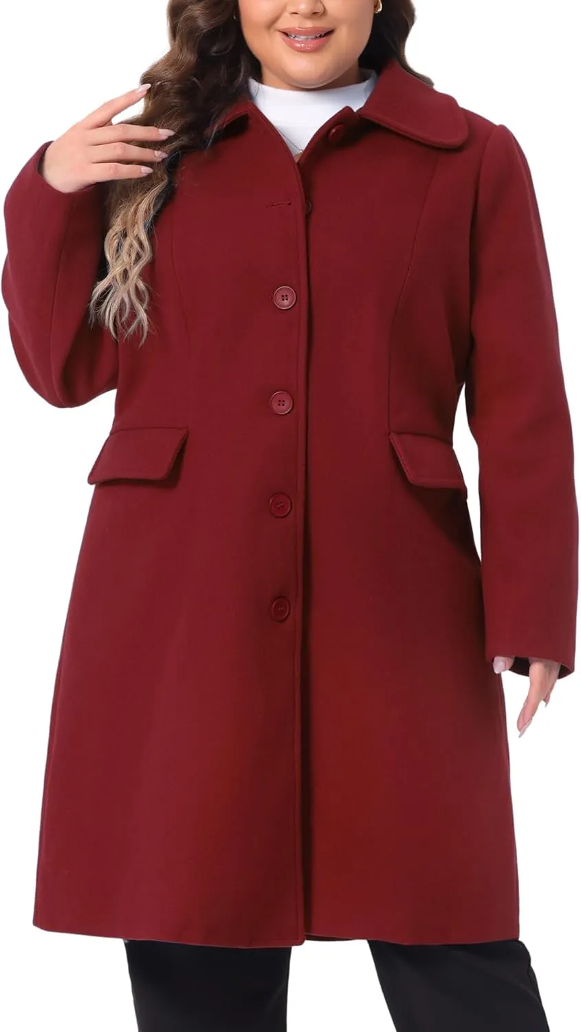 Agnes Orinda Plus Size Women Long Coats Peter Pan Collar Single Breasted with Pockets Trench Winter Long Peacoat
