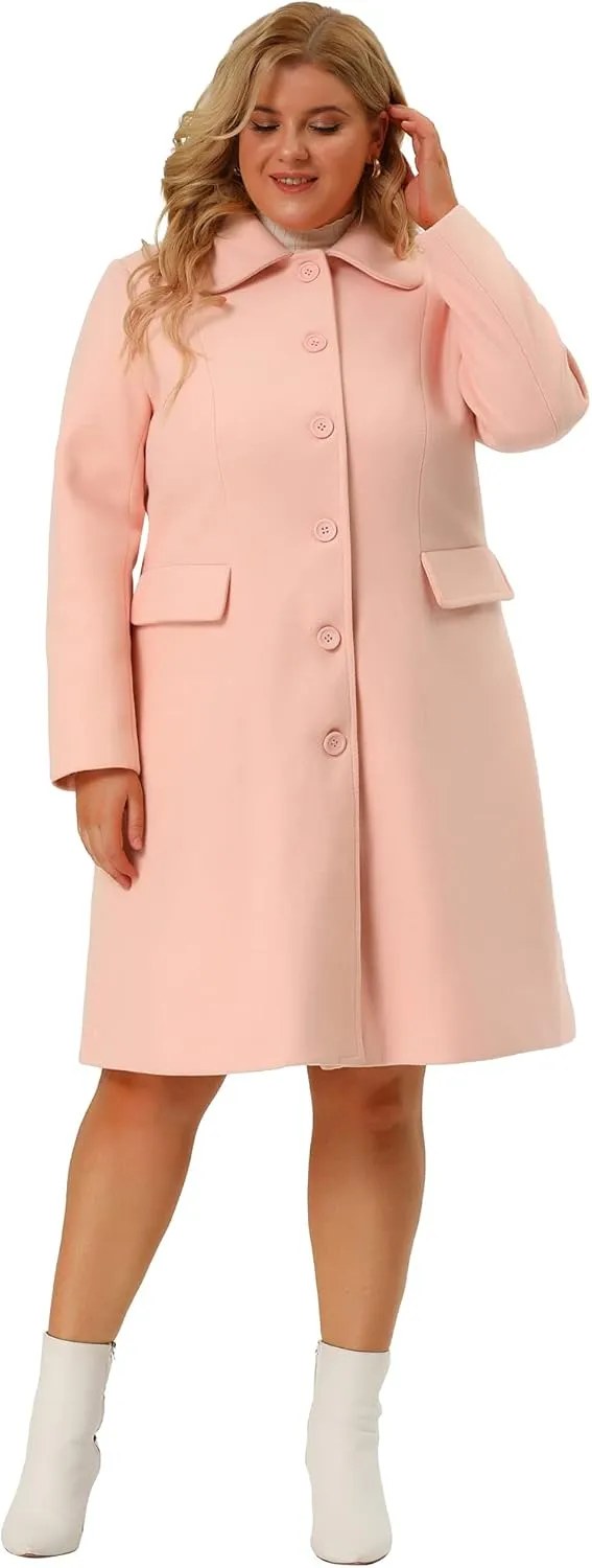 Agnes Orinda Plus Size Women Long Coats Peter Pan Collar Single Breasted with Pockets Trench Winter Long Peacoat