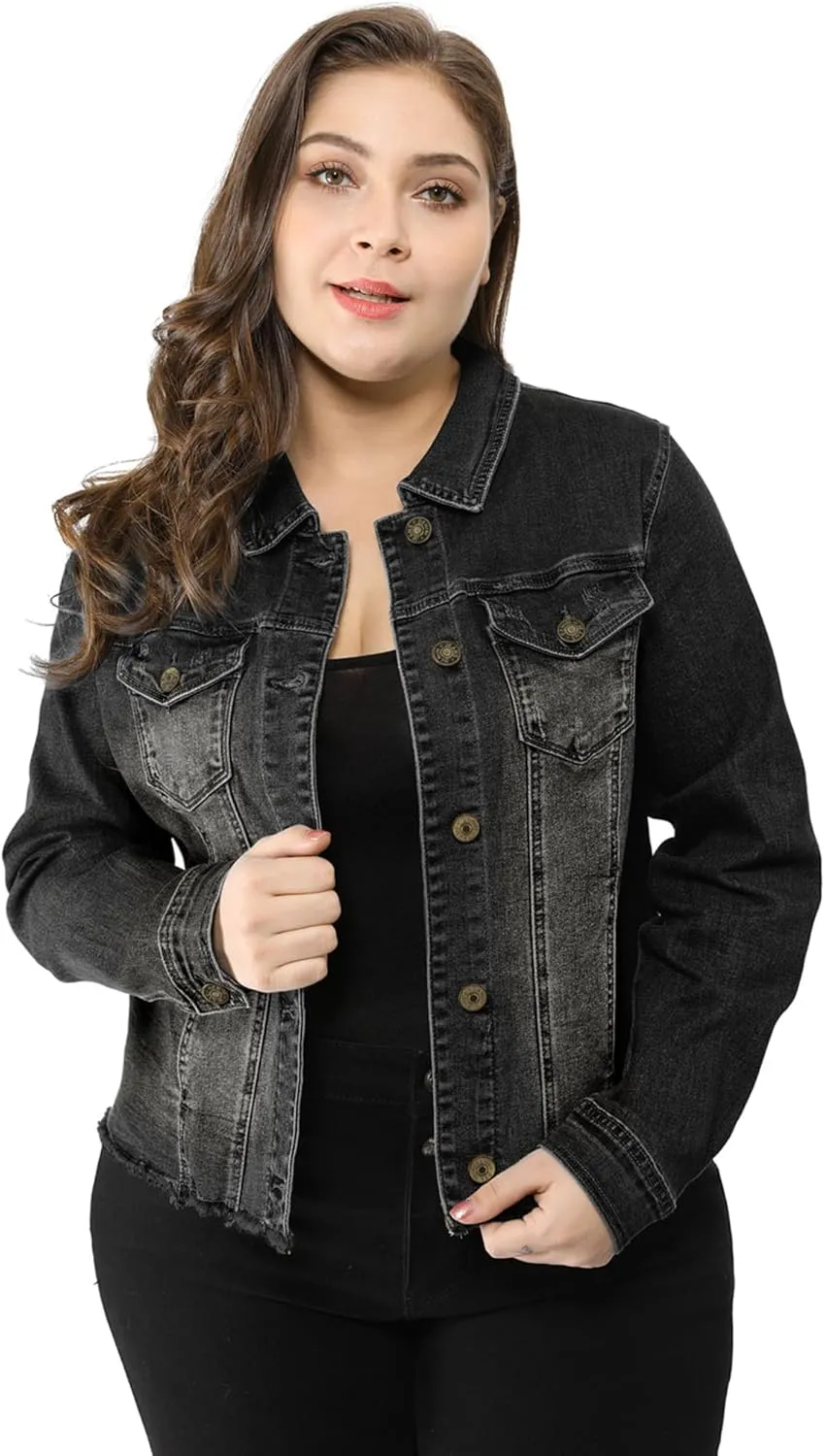 Agnes Orinda Women's Plus Size Classic Washed Front Frayed Denim Jacket
